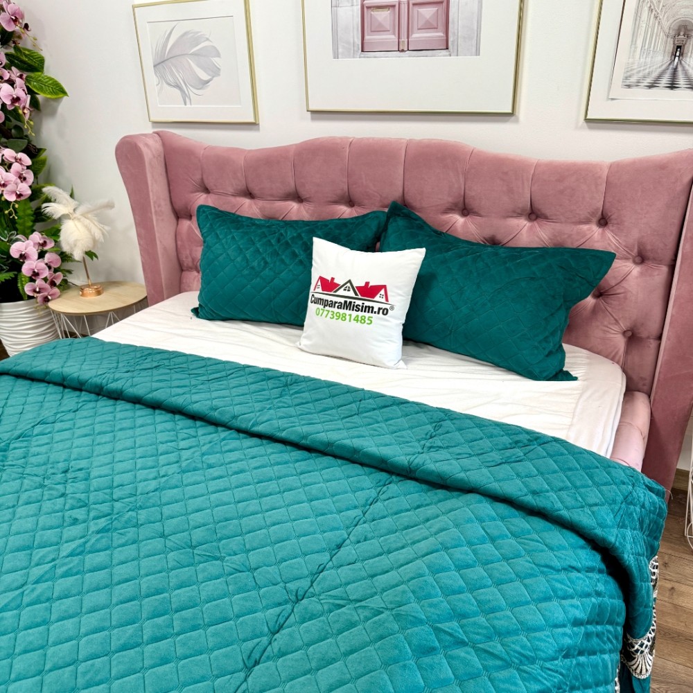 Cuvertura pat dublu, 3 piese, Catifea Matlasata cu Broderie, Verde — imaginea 6