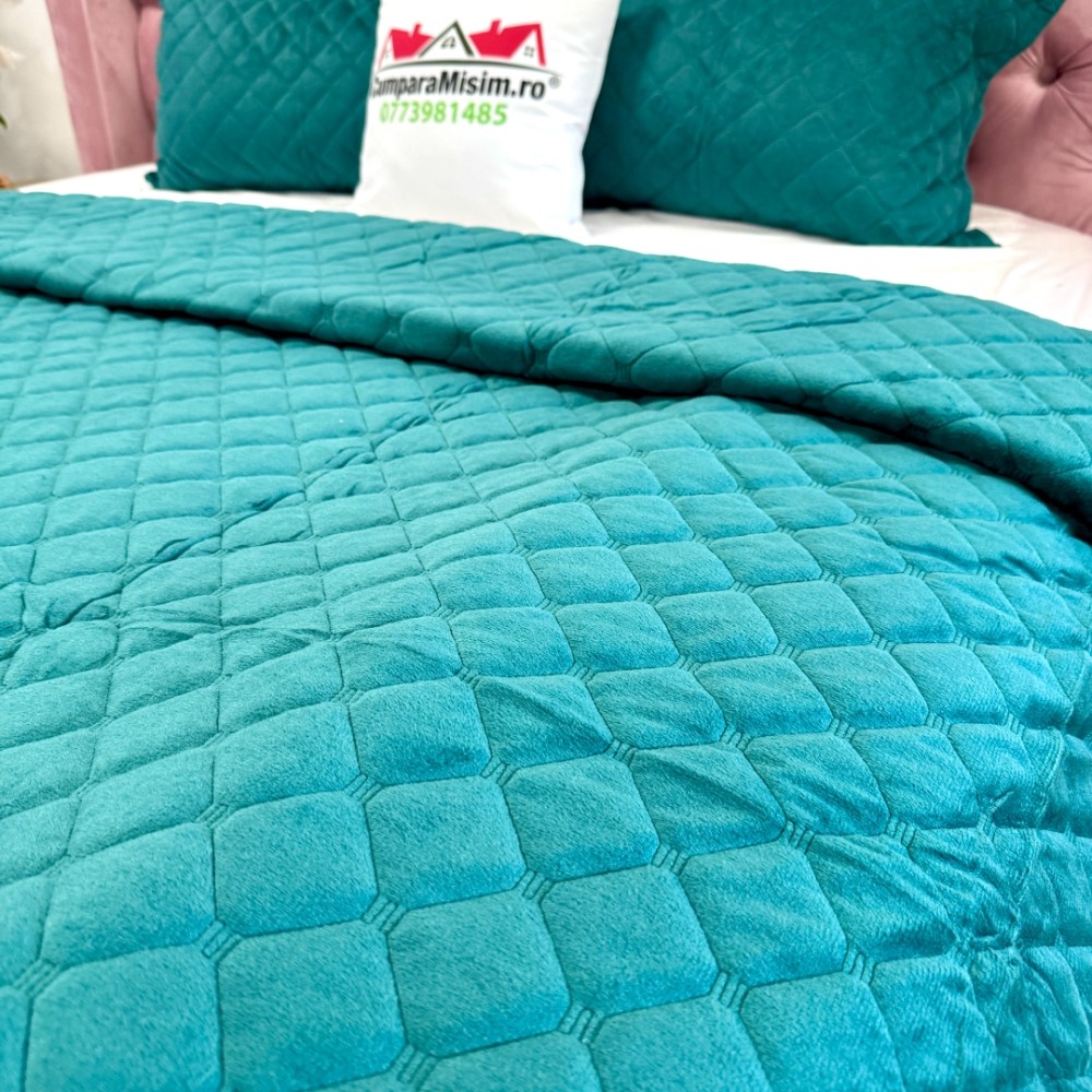 Cuvertura pat dublu, 3 piese, Catifea Matlasata cu Broderie, Verde — imaginea 7