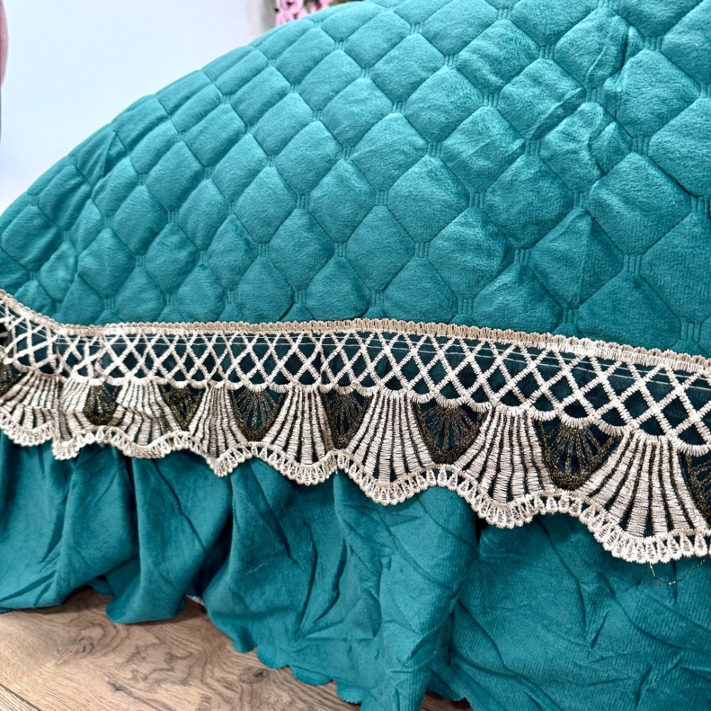 Cuvertura pat dublu, 3 piese, Catifea Matlasata cu Broderie, Verde — imaginea 8