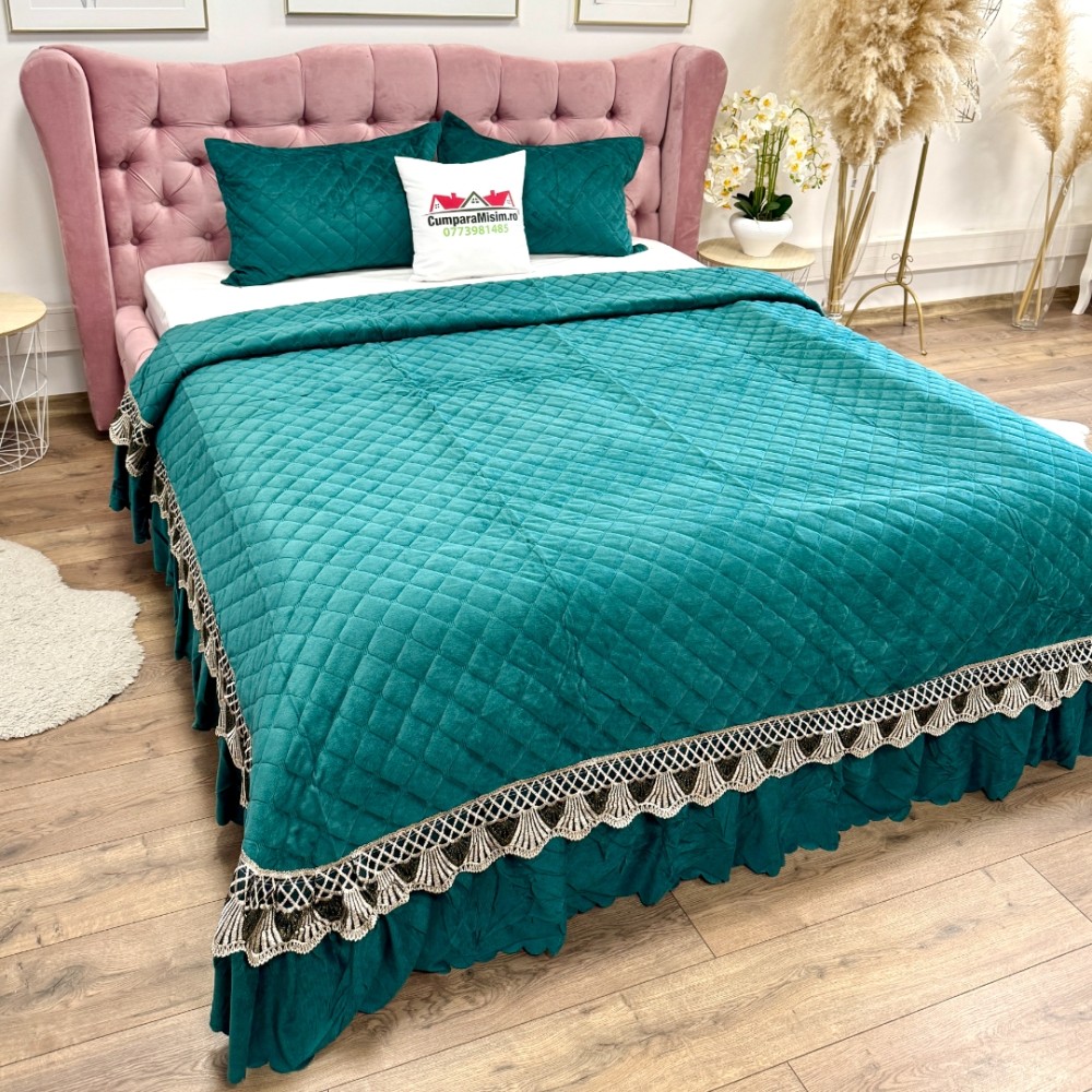 Cuvertura pat dublu, 3 piese, Catifea Matlasata cu Broderie, Verde — imaginea 9