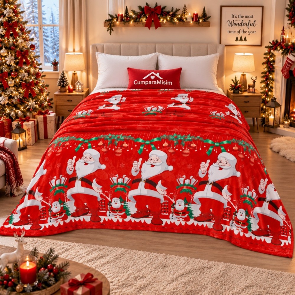 Patura pufoasa cocolino 200x230cm, 240g/mp, Rosu, Mos Craciun, Merry ChristMas – imagine 2