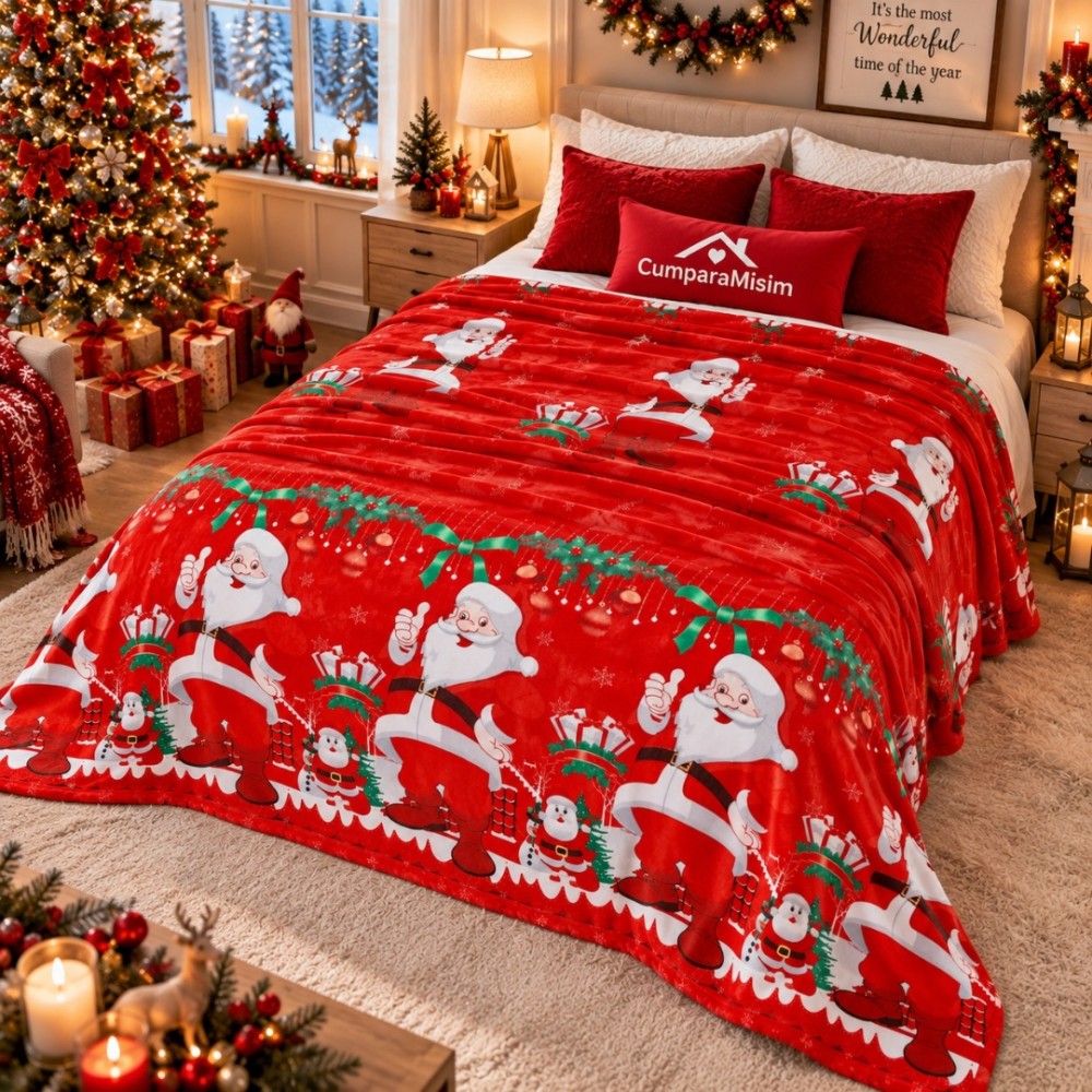 Patura pufoasa cocolino 200x230cm, 240g/mp, Rosu, Mos Craciun, Merry ChristMas – imagine 3