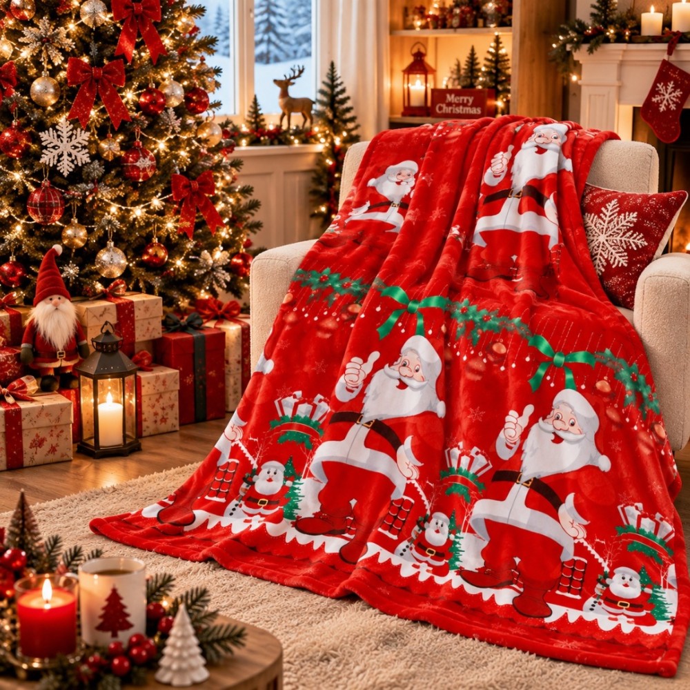 Patura pufoasa cocolino 200x230cm, 240g/mp, Rosu, Mos Craciun, Merry ChristMas – imagine 4
