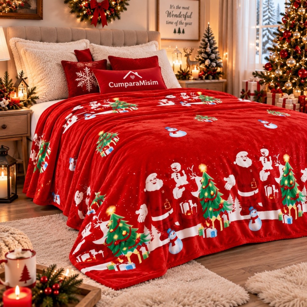 Patura pufoasa cocolino 200x230cm, 240g/mp, Rosu, Mos Craciun, Brazi – imagine 3