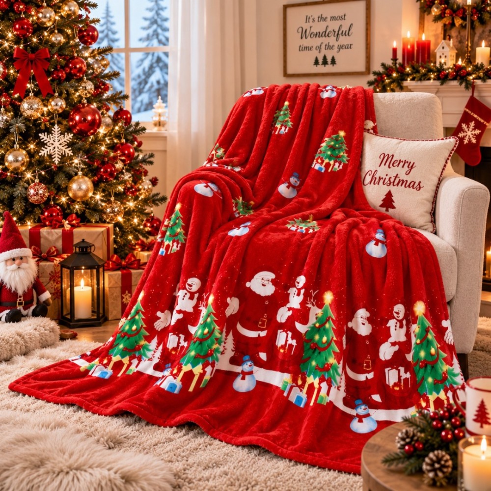 Patura pufoasa cocolino 200x230cm, 240g/mp, Rosu, Mos Craciun, Brazi – imagine 4