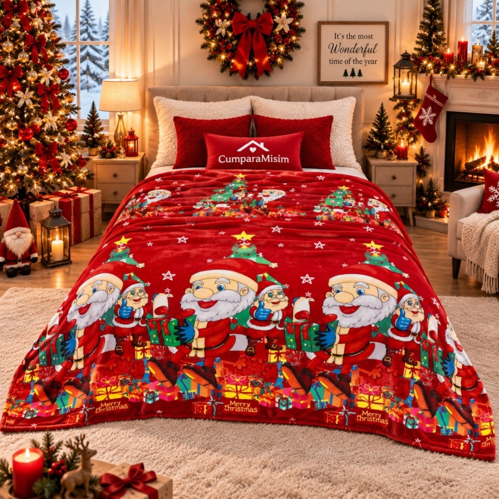 Patura pufoasa cocolino 200x230cm, 240g/mp, Rosu, Mos Craciun – imagine 2