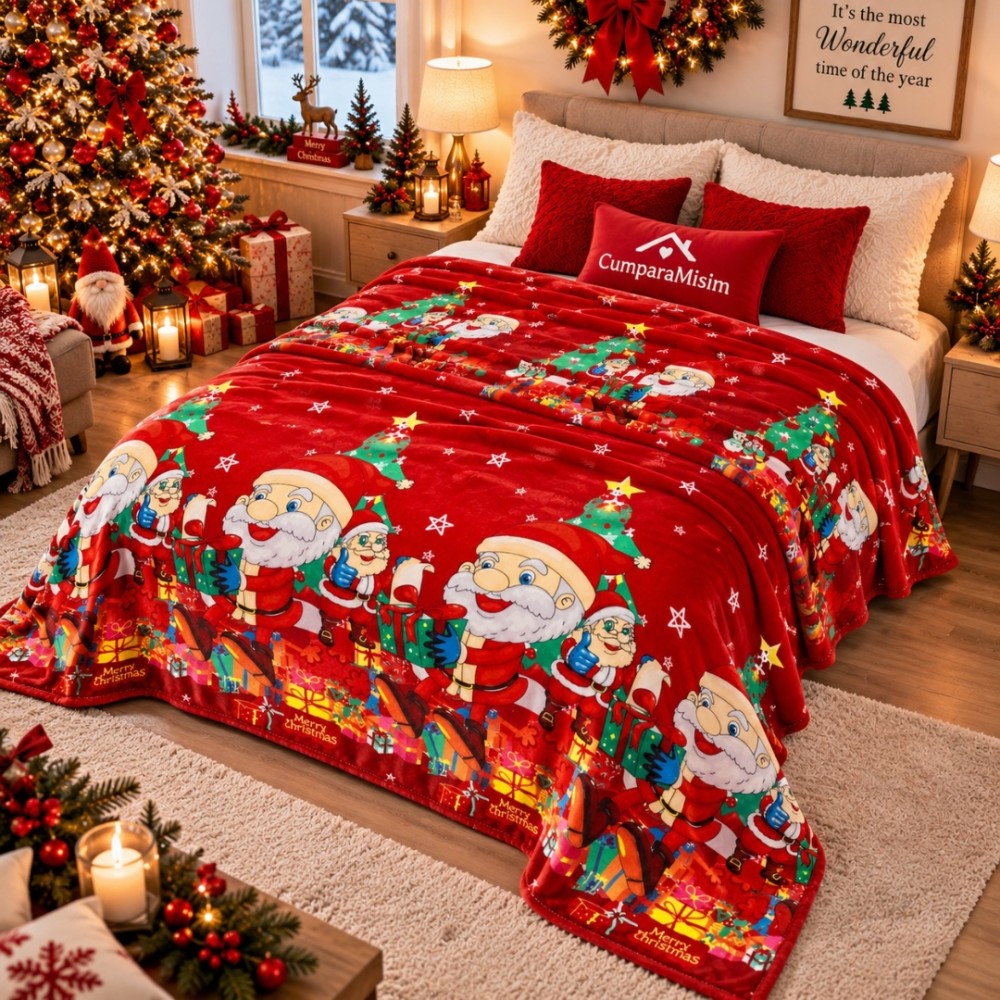 Patura pufoasa cocolino 200x230cm, 240g/mp, Rosu, Mos Craciun – imagine 3