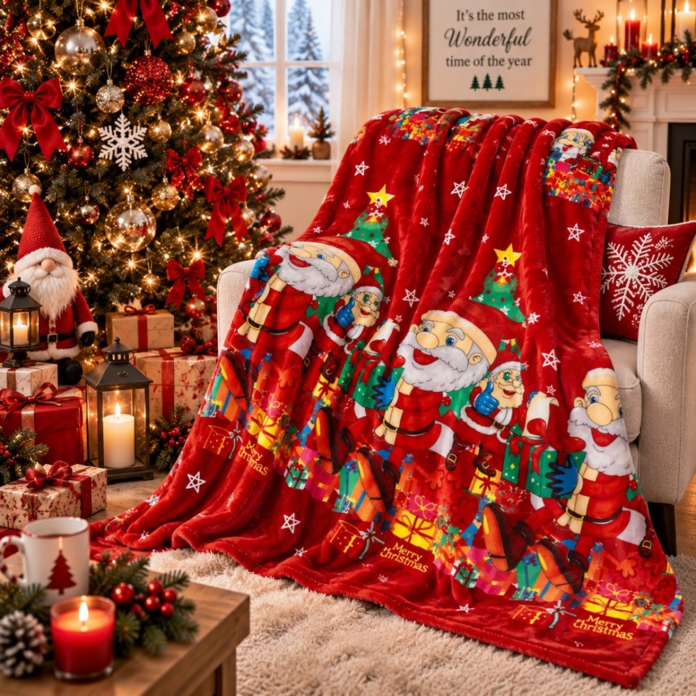 Patura pufoasa cocolino 200x230cm, 240g/mp, Rosu, Mos Craciun – imagine 4