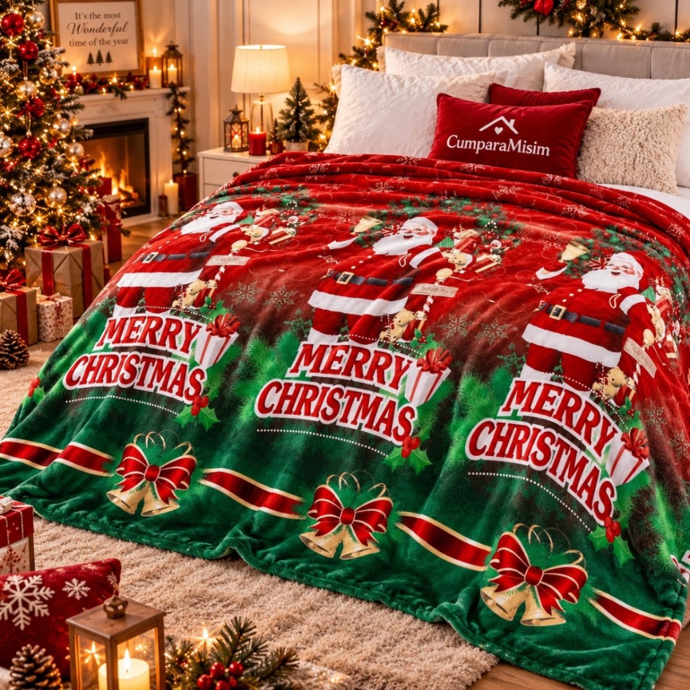Patura pufoasa cocolino 200x230cm, 240g/mp, Rosu, Verde, Mos Craciun, Merry Christmas – imagine 3