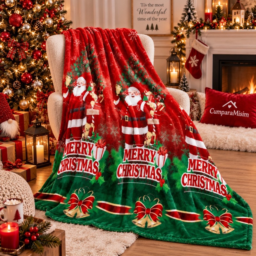Patura pufoasa cocolino 200x230cm, 240g/mp, Rosu, Verde, Mos Craciun, Merry Christmas – imagine 4