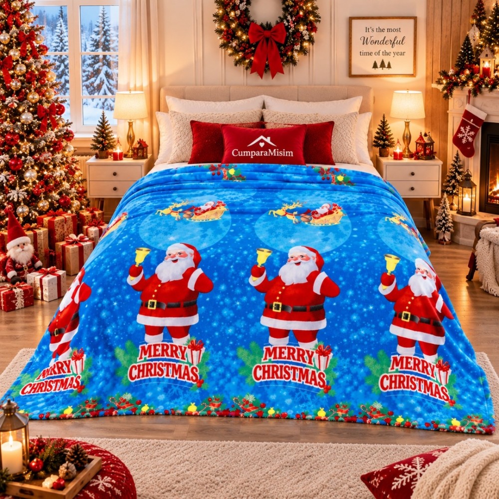 Patura pufoasa cocolino 200x230cm, 240g/mp, Bleu, Mos Craciun – imagine 2
