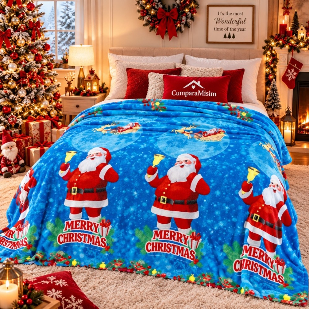 Patura pufoasa cocolino 200x230cm, 240g/mp, Bleu, Mos Craciun – imagine 3
