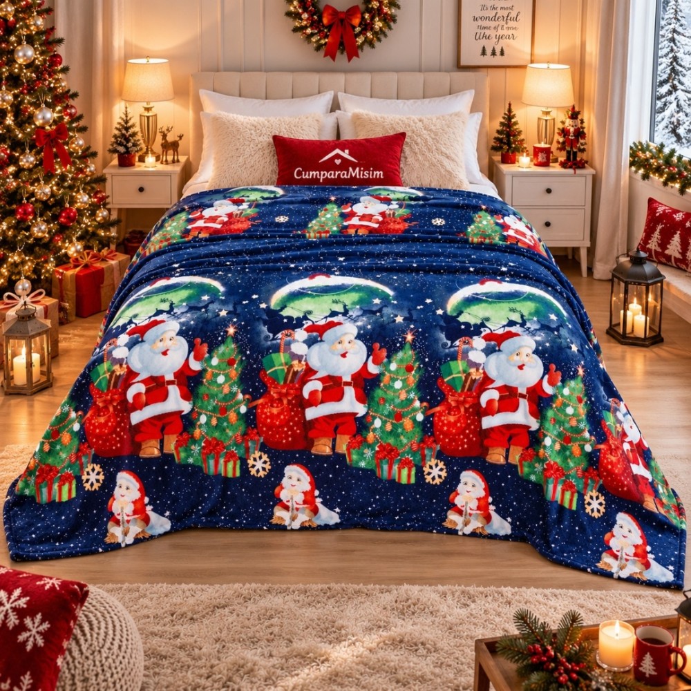 Patura pufoasa cocolino 200x230cm, 240g/mp, Albastru, Mos Craciun – imagine 2