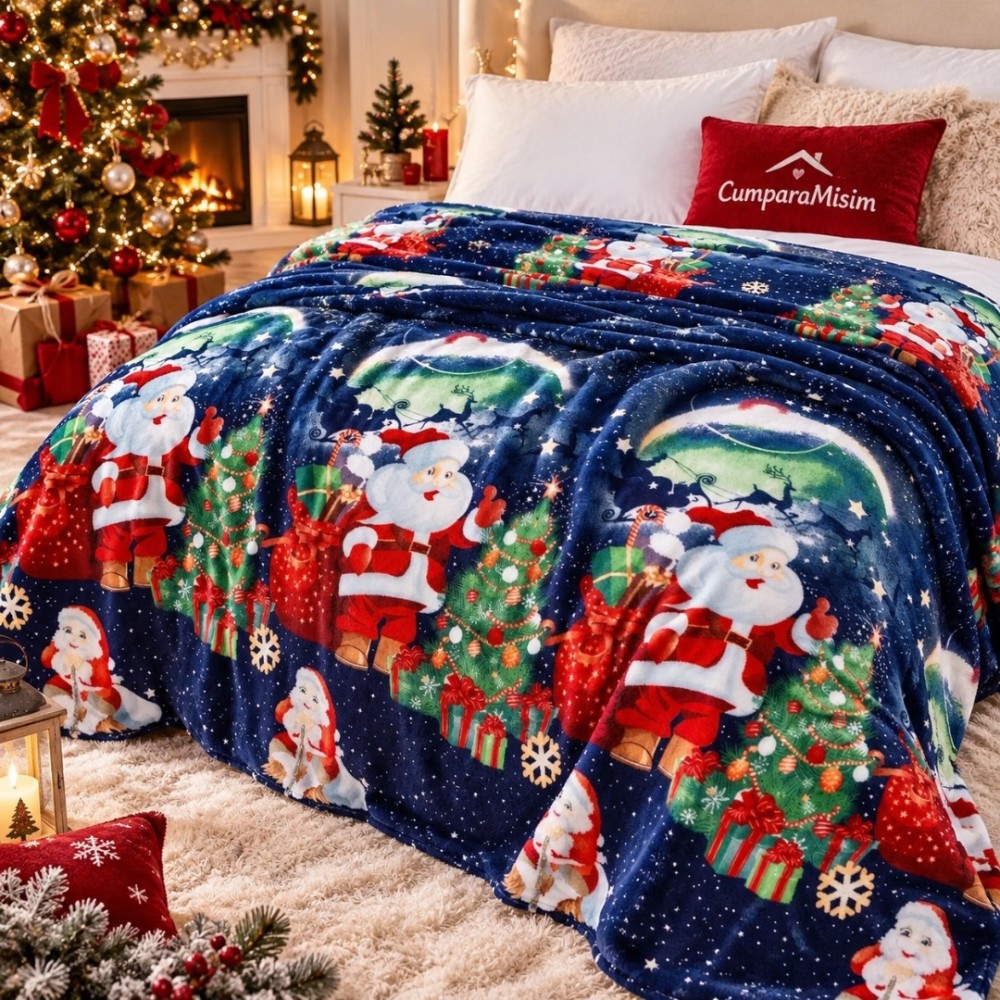 Patura pufoasa cocolino 200x230cm, 240g/mp, Albastru, Mos Craciun – imagine 3