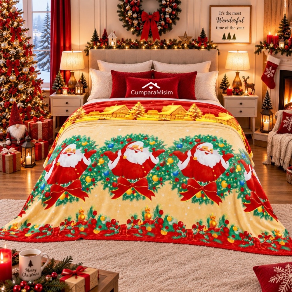 Patura pufoasa cocolino 200x230cm, 240g/mp, Bej, Rosu, Mos Craciun – imagine 2
