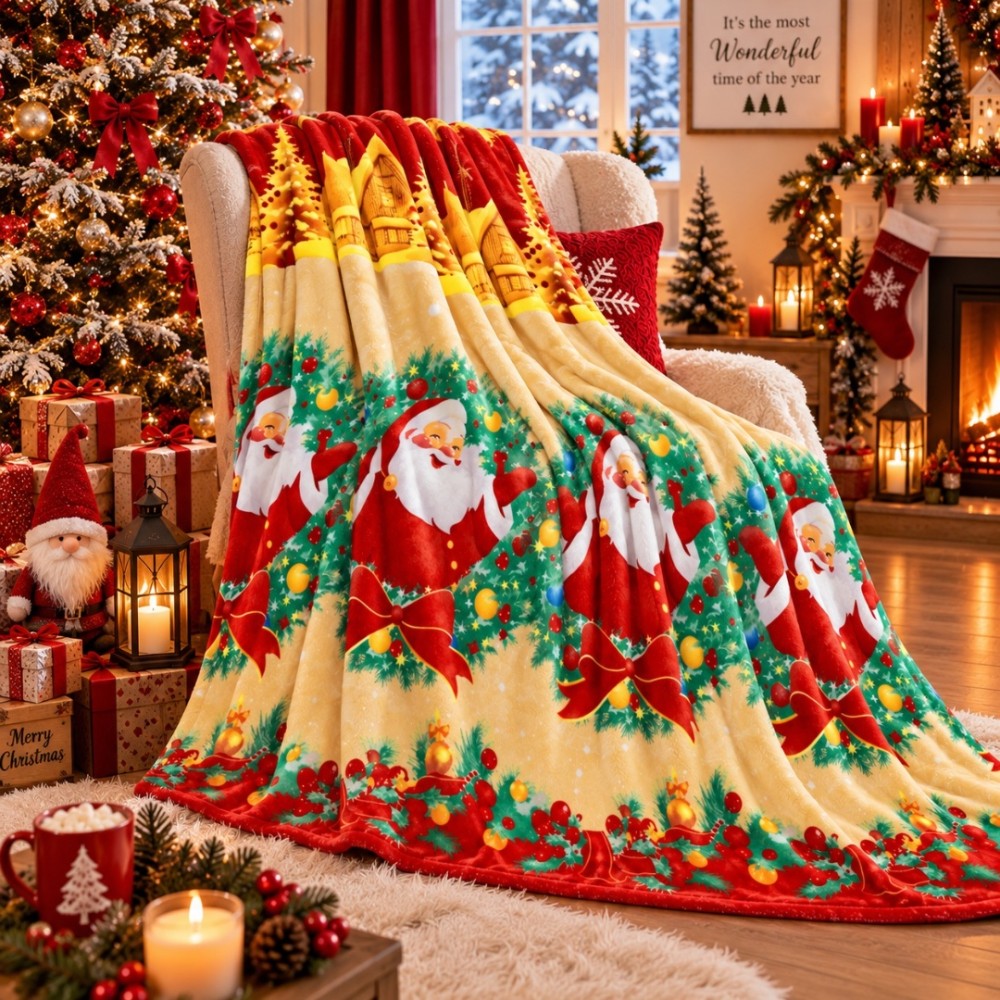 Patura pufoasa cocolino 200x230cm, 240g/mp, Bej, Rosu, Mos Craciun – imagine 3