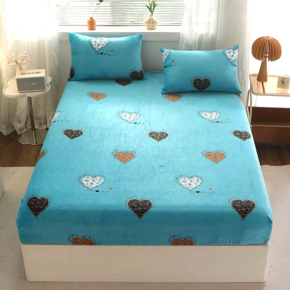 Cearsaf cu Elastic Cocolino 180x200cm si 2 fete de perna 50x70cm, Turcuaz, inimioare – imagine 2