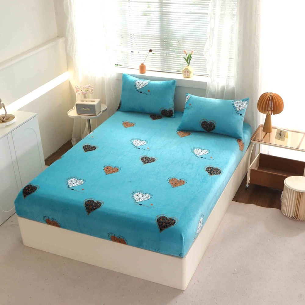 Cearsaf cu Elastic Cocolino 180x200cm si 2 fete de perna 50x70cm, Turcuaz, inimioare – imagine 3