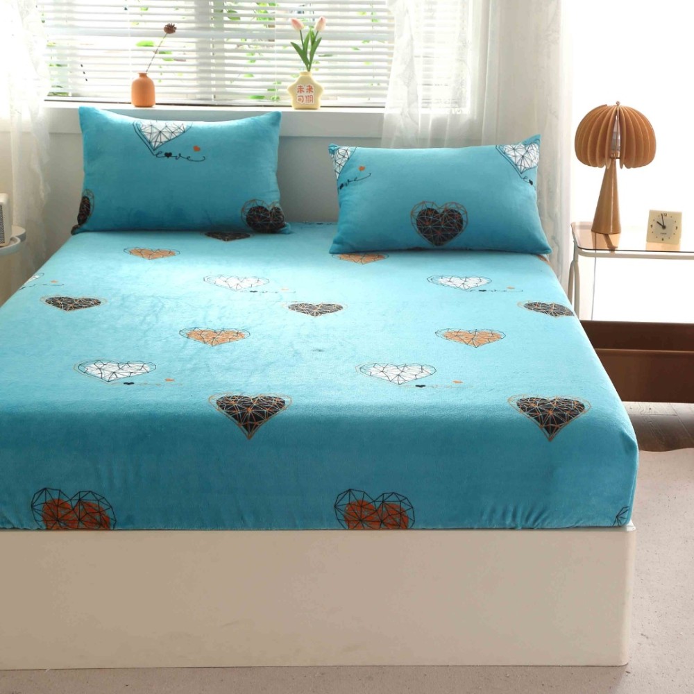 Cearsaf cu Elastic Cocolino 180x200cm si 2 fete de perna 50x70cm, Turcuaz, inimioare – imagine 4