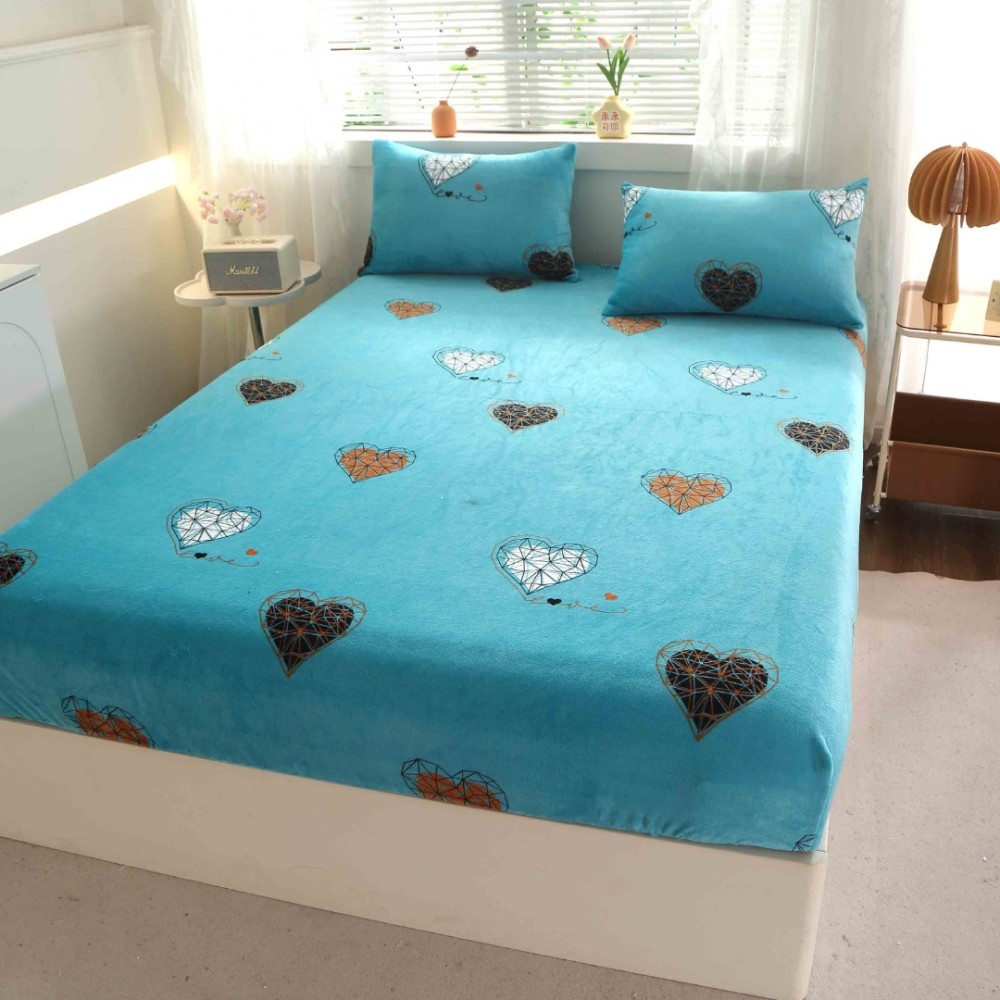 Cearsaf cu Elastic Cocolino 180x200cm si 2 fete de perna 50x70cm, Turcuaz, inimioare – imagine 5
