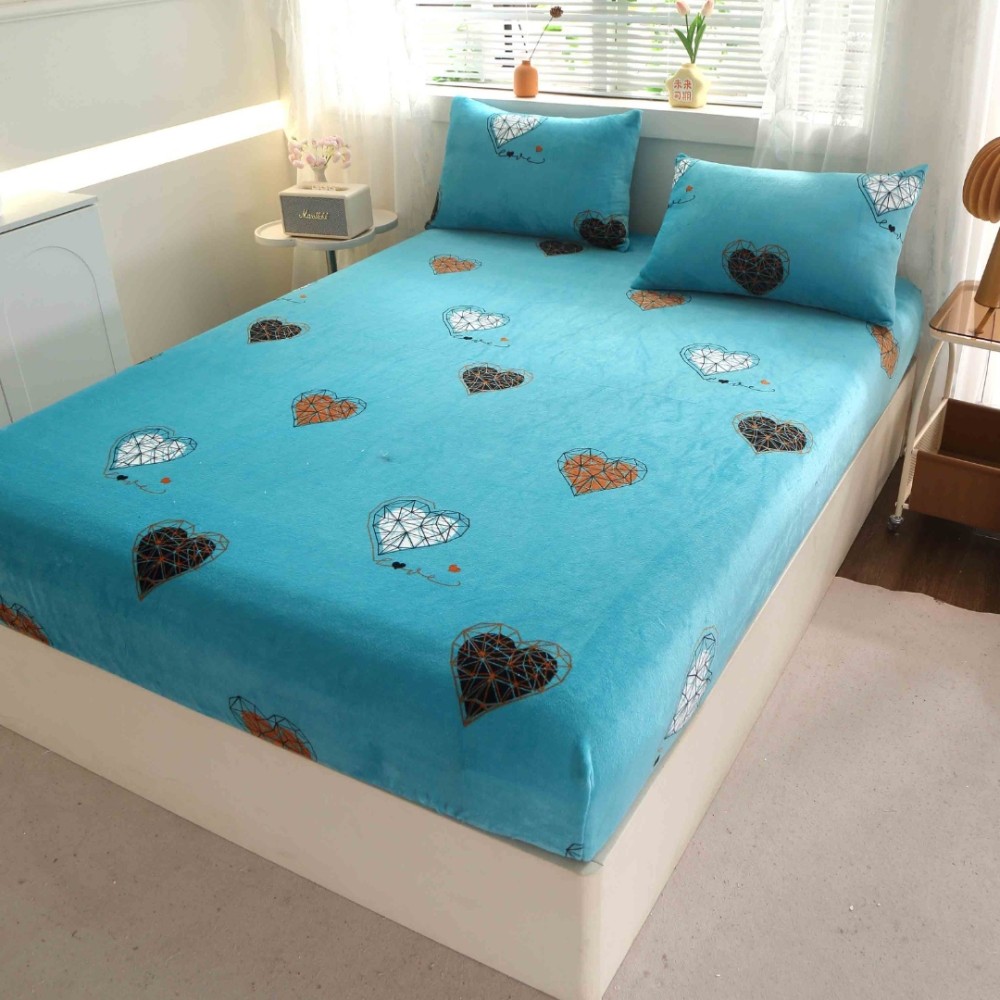 Cearsaf cu Elastic Cocolino 180x200cm si 2 fete de perna 50x70cm, Turcuaz, inimioare – imagine 6