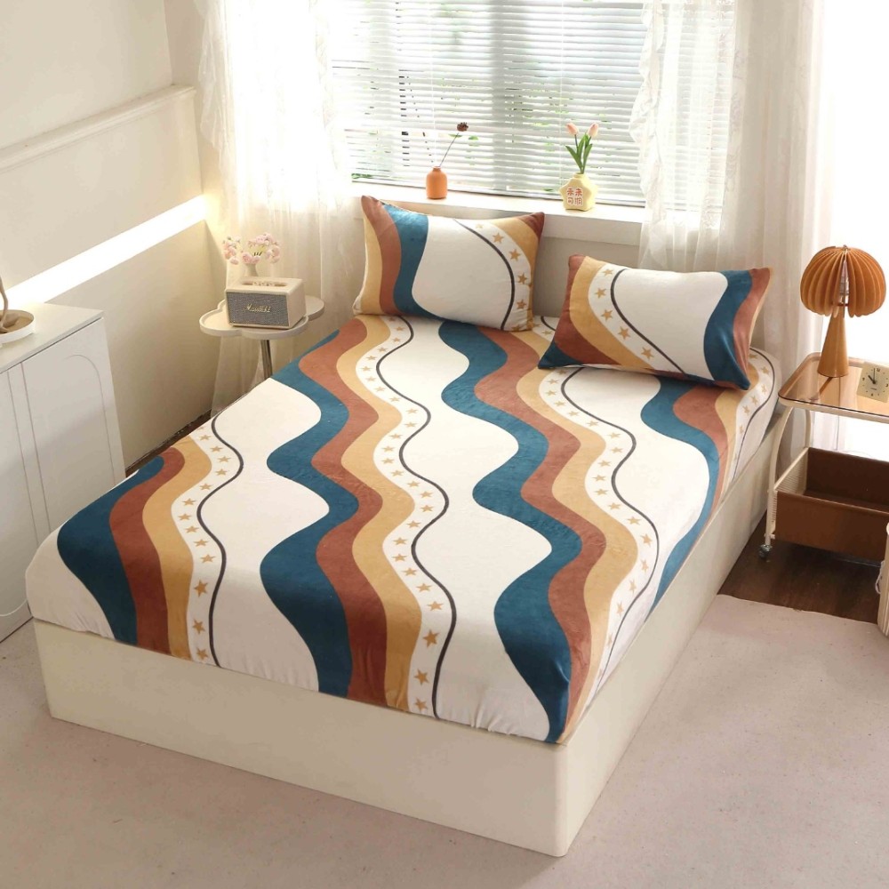 Cearsaf cu Elastic Cocolino 180x200cm si 2 fete de perna 50x70cm, Bej, Turcuaz, abstract – imagine 2