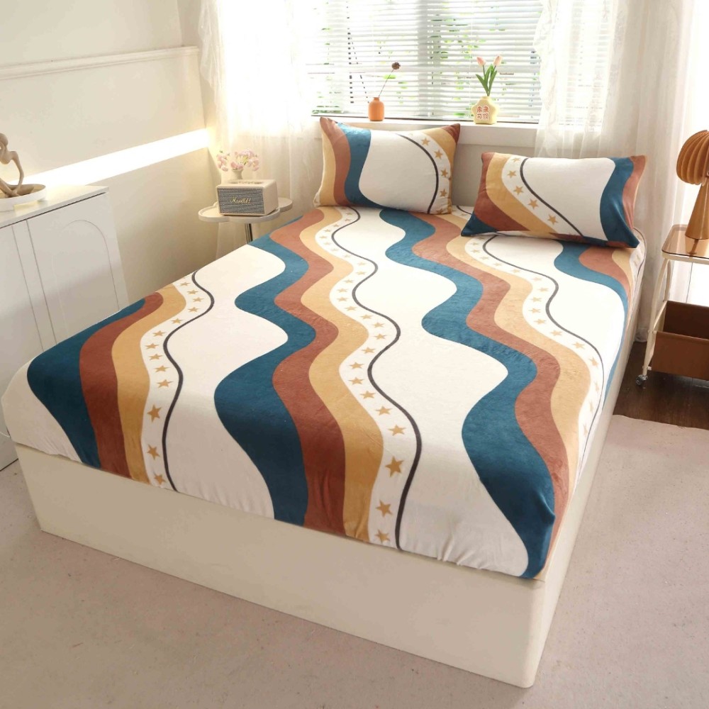 Cearsaf cu Elastic Cocolino 180x200cm si 2 fete de perna 50x70cm, Bej, Turcuaz, abstract – imagine 3
