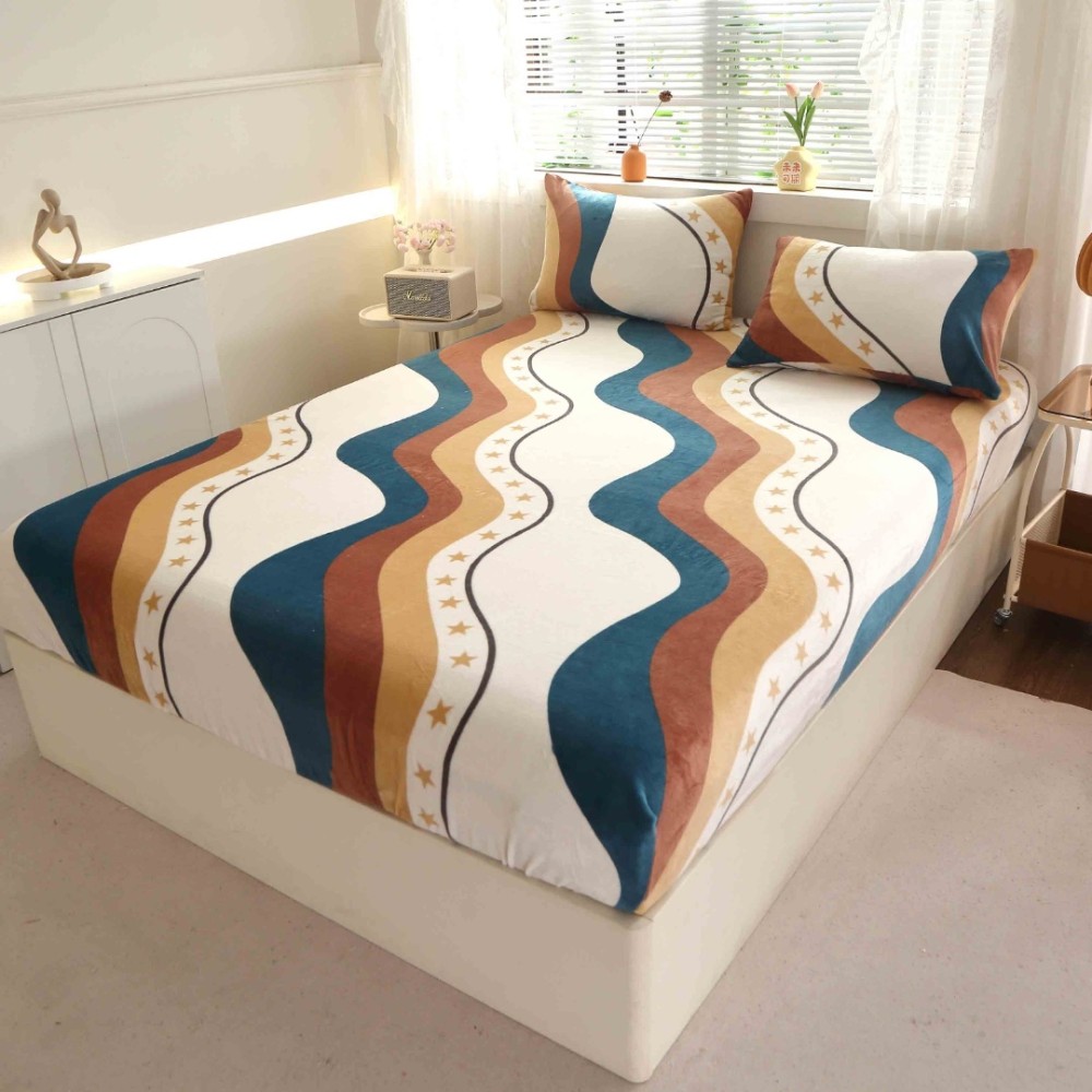 Cearsaf cu Elastic Cocolino 180x200cm si 2 fete de perna 50x70cm, Bej, Turcuaz, abstract – imagine 4