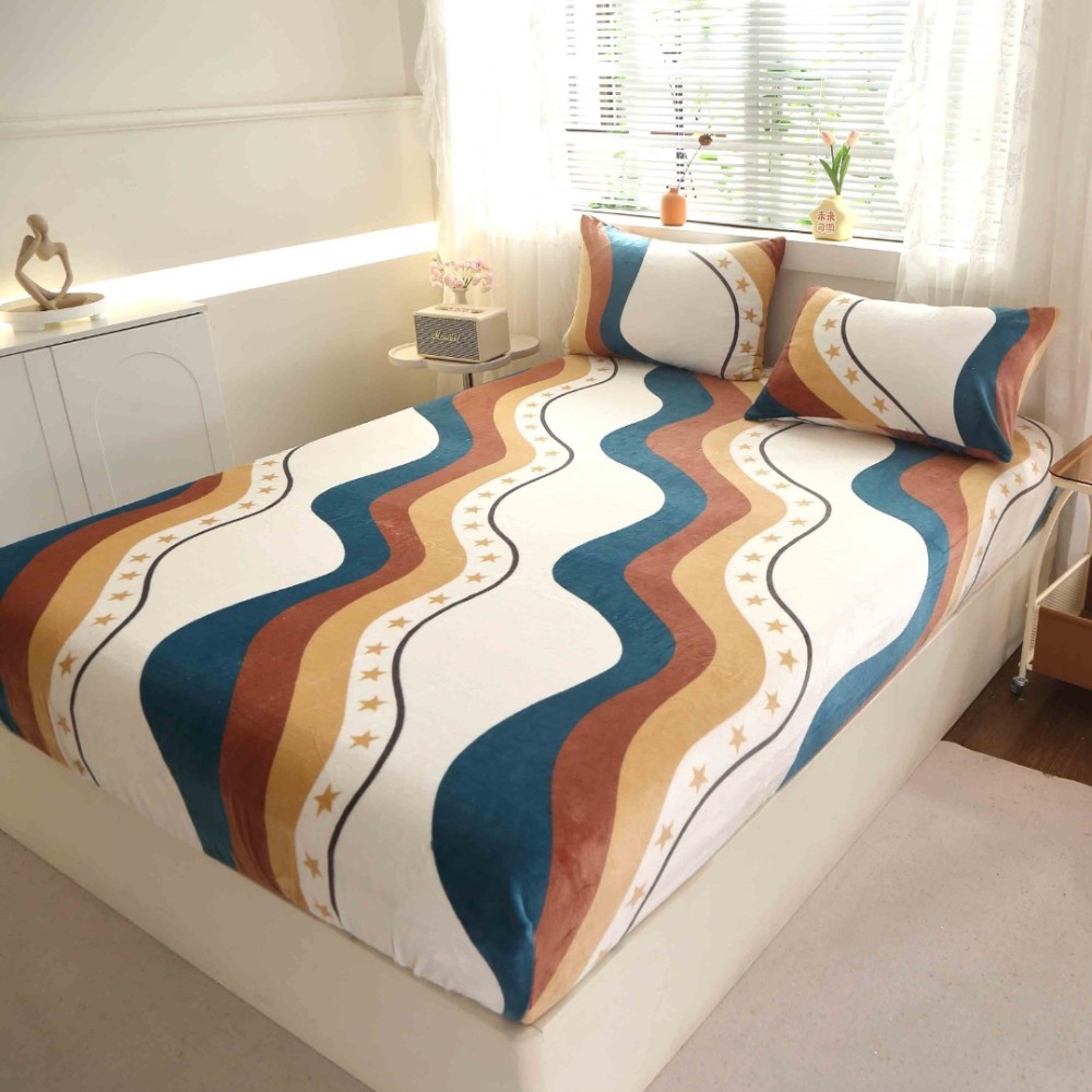 Cearsaf cu Elastic Cocolino 180x200cm si 2 fete de perna 50x70cm, Bej, Turcuaz, abstract – imagine 5