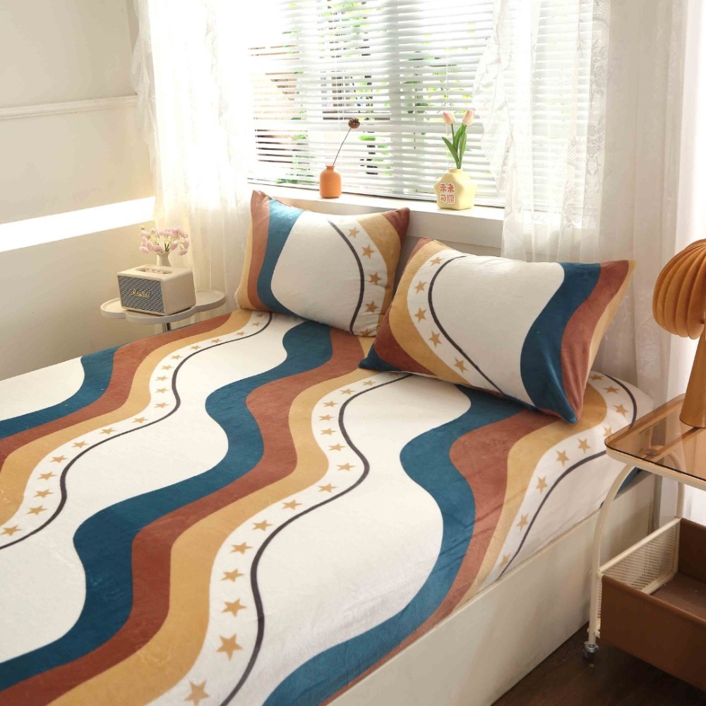 Cearsaf cu Elastic Cocolino 180x200cm si 2 fete de perna 50x70cm, Bej, Turcuaz, abstract – imagine 6