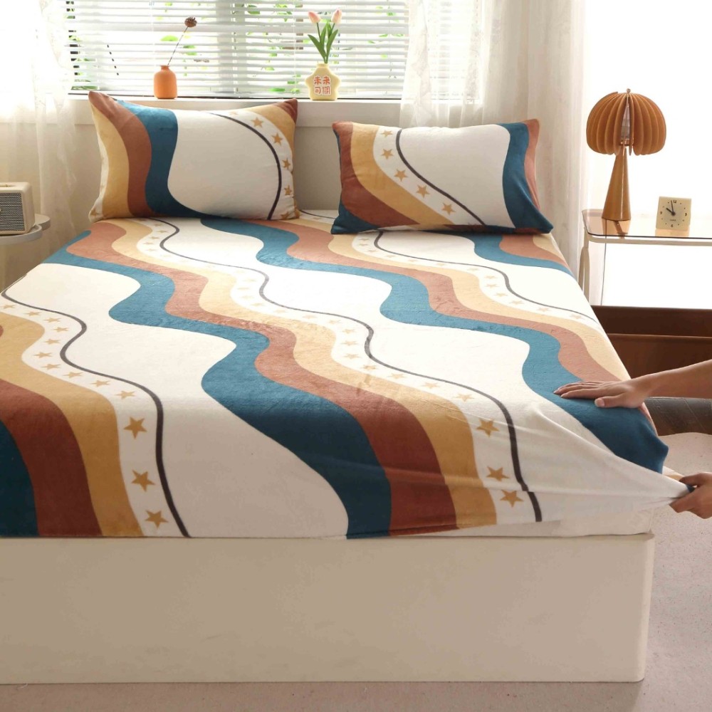 Cearsaf cu Elastic Cocolino 180x200cm si 2 fete de perna 50x70cm, Bej, Turcuaz, abstract – imagine 8