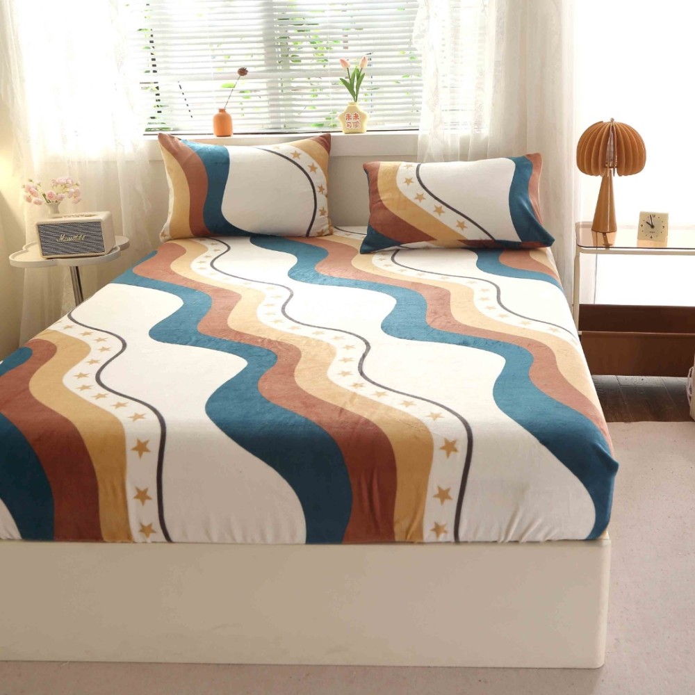 Cearsaf cu Elastic Cocolino 180x200cm si 2 fete de perna 50x70cm, Bej, Turcuaz, abstract — imaginea 14