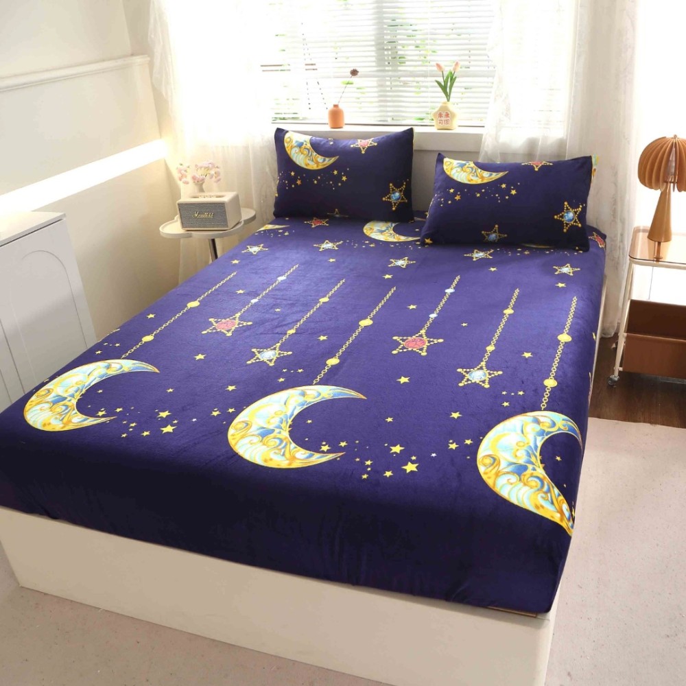 Cearsaf cu Elastic Cocolino 180x200cm si 2 fete de perna 50x70cm, Albastru, stelute si luna – imagine 6