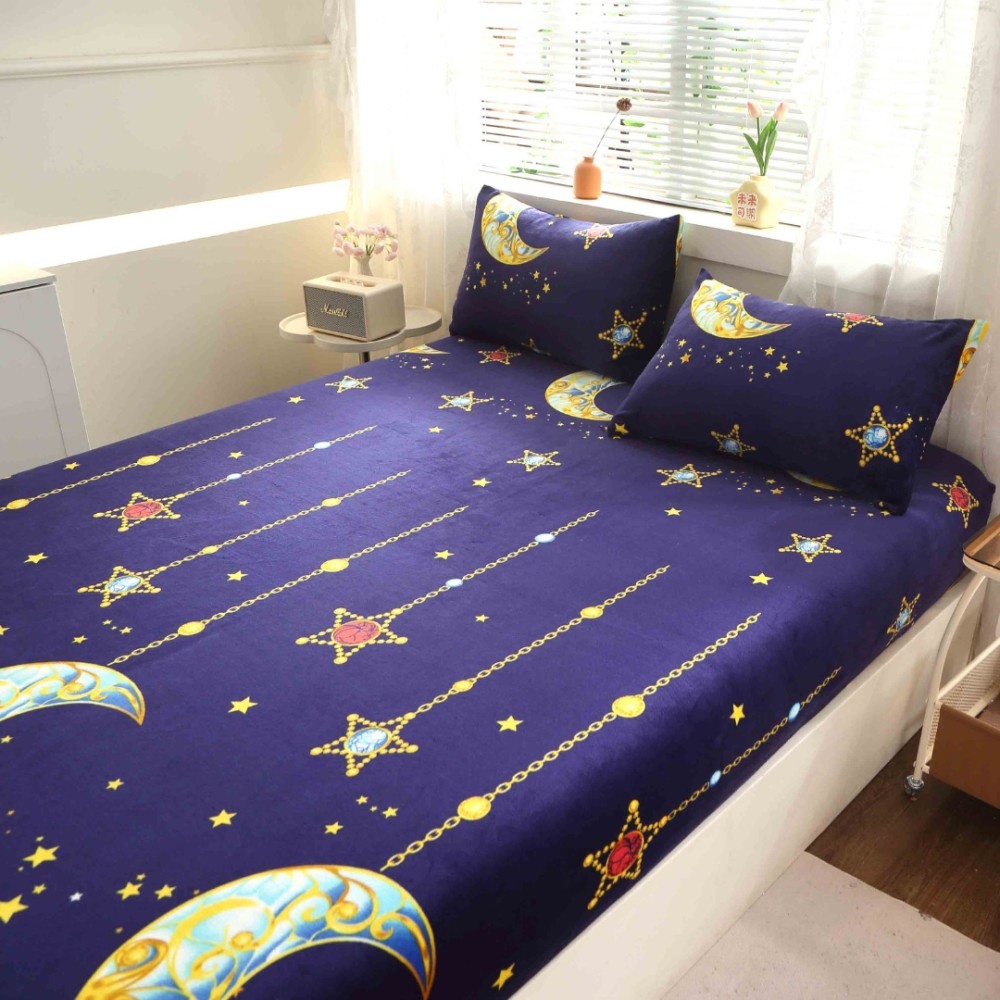 Cearsaf cu Elastic Cocolino 180x200cm si 2 fete de perna 50x70cm, Albastru, stelute si luna – imagine 8