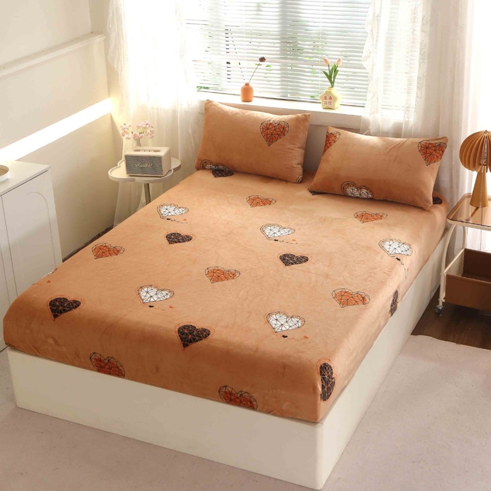 Cearsaf cu Elastic Cocolino 180x200cm si 2 fete de perna 50x70cm, Bej, inimioare – imagine 2