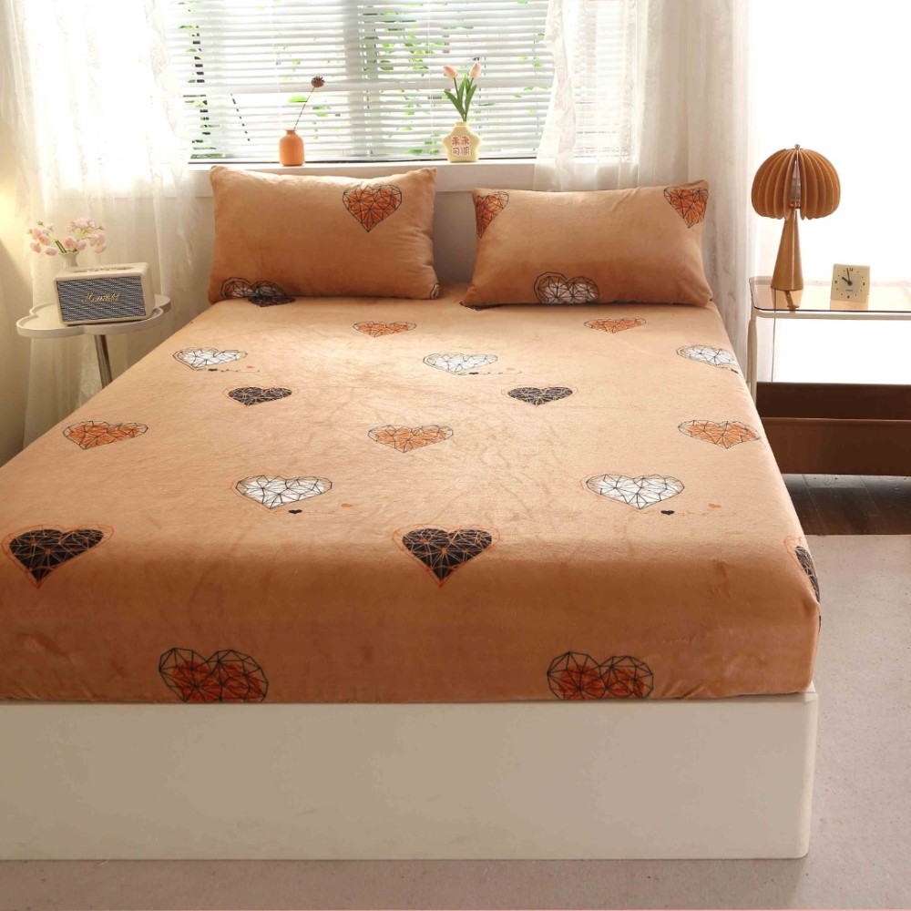 Cearsaf cu Elastic Cocolino 180x200cm si 2 fete de perna 50x70cm, Bej, inimioare – imagine 3