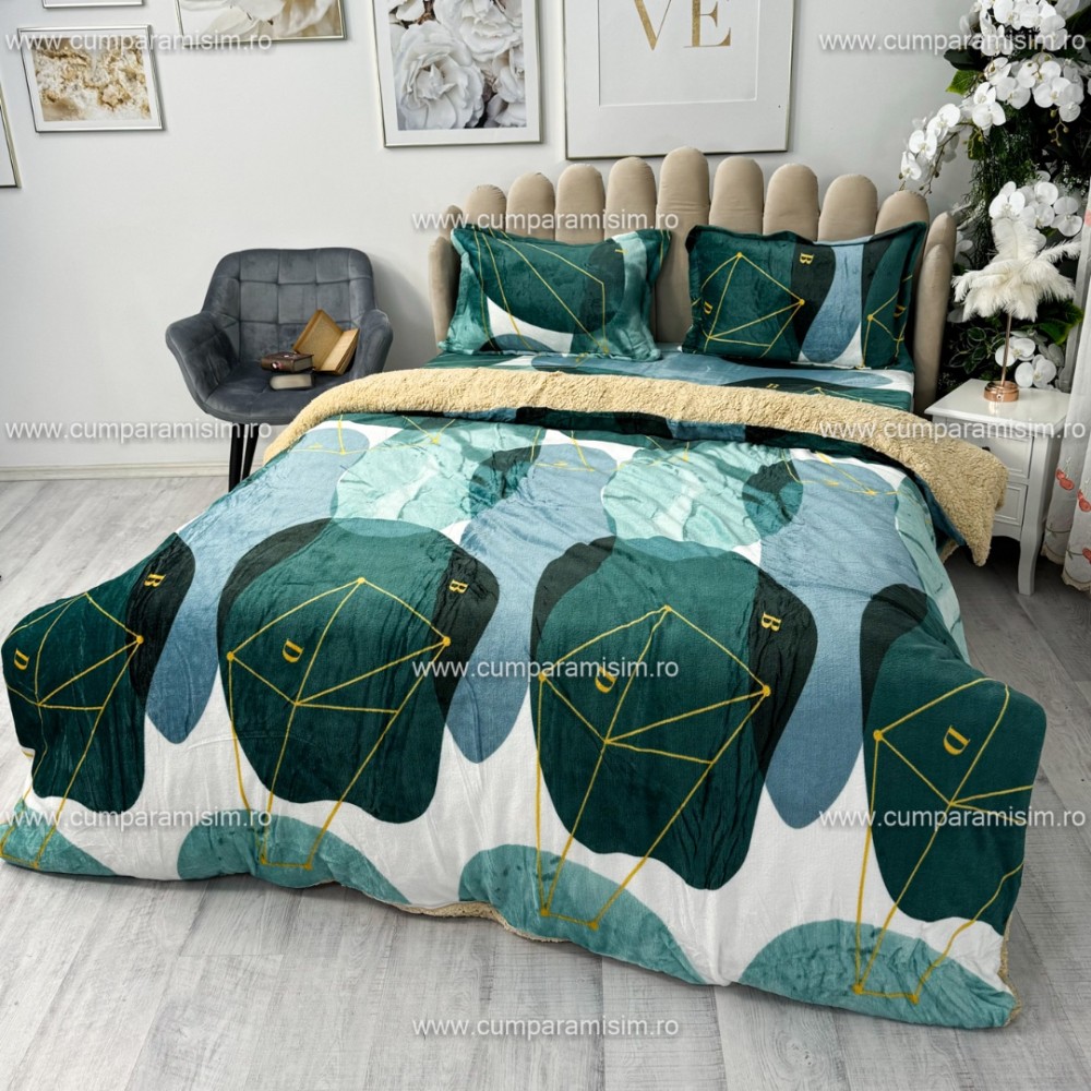 Lenjerie pat dublu, Super Pufoasa COCOLINO cu BLANITA, 4 piese, Verde, model clasic – imagine 2
