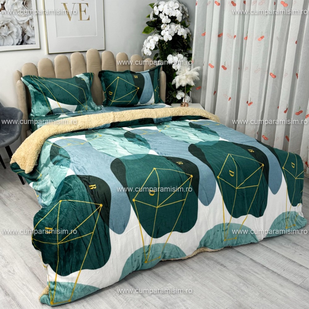 Lenjerie pat dublu, Super Pufoasa COCOLINO cu BLANITA, 4 piese, Verde, model clasic – imagine 3
