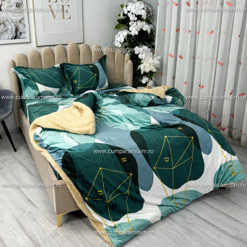 Lenjerie pat dublu, Super Pufoasa COCOLINO cu BLANITA, 4 piese, Verde, model clasic – imagine 6