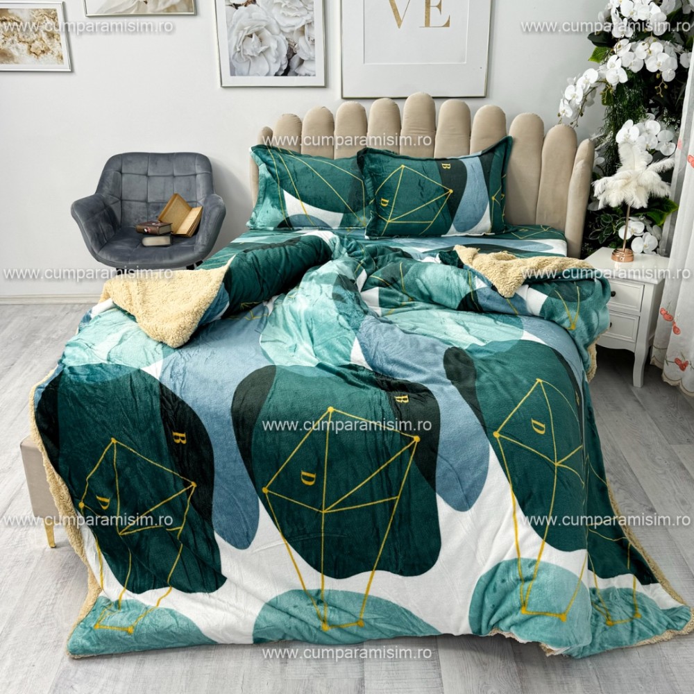 Lenjerie pat dublu, Super Pufoasa COCOLINO cu BLANITA, 4 piese, Verde, model clasic – imagine 7