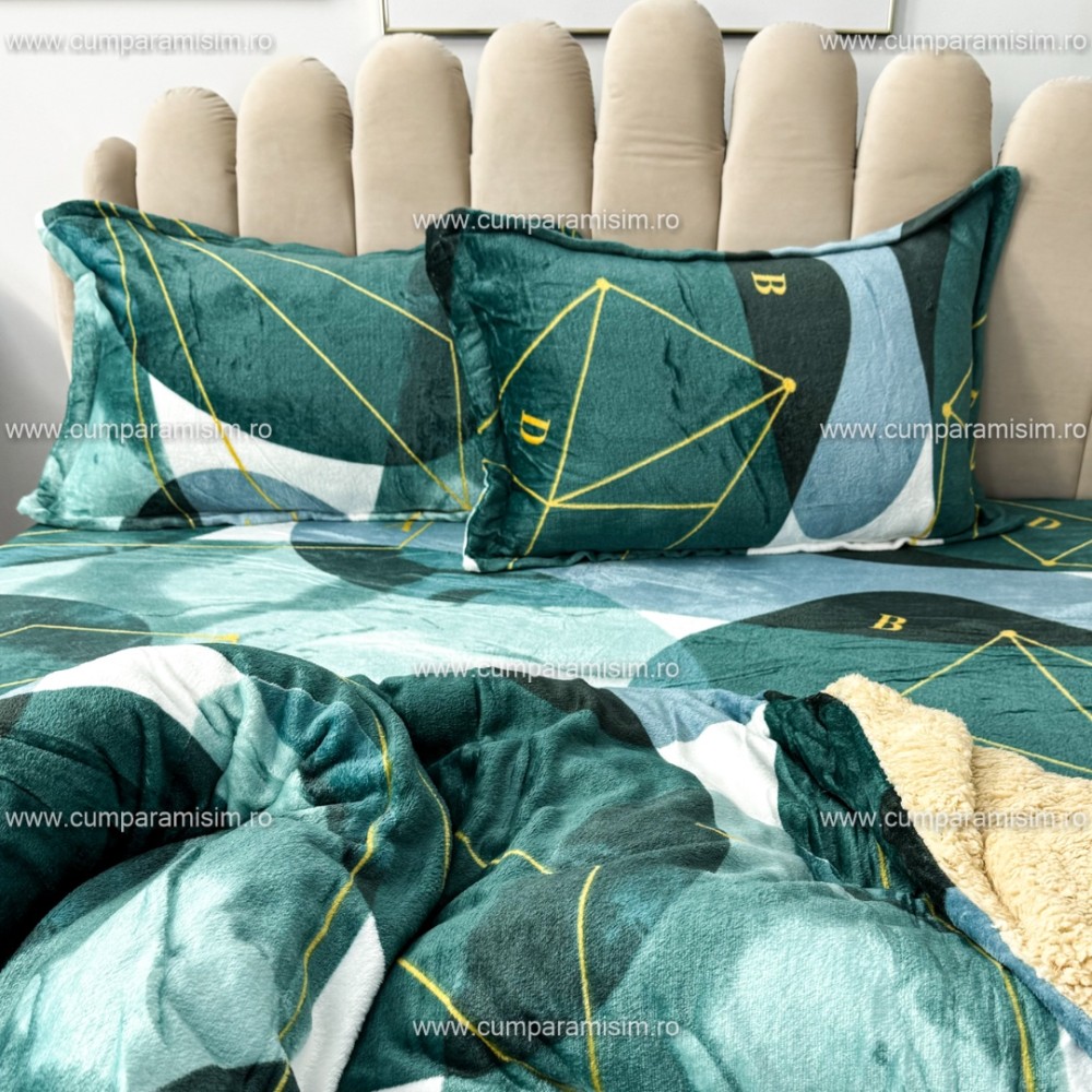 Lenjerie pat dublu, Super Pufoasa COCOLINO cu BLANITA, 4 piese, Verde, model clasic – imagine 8