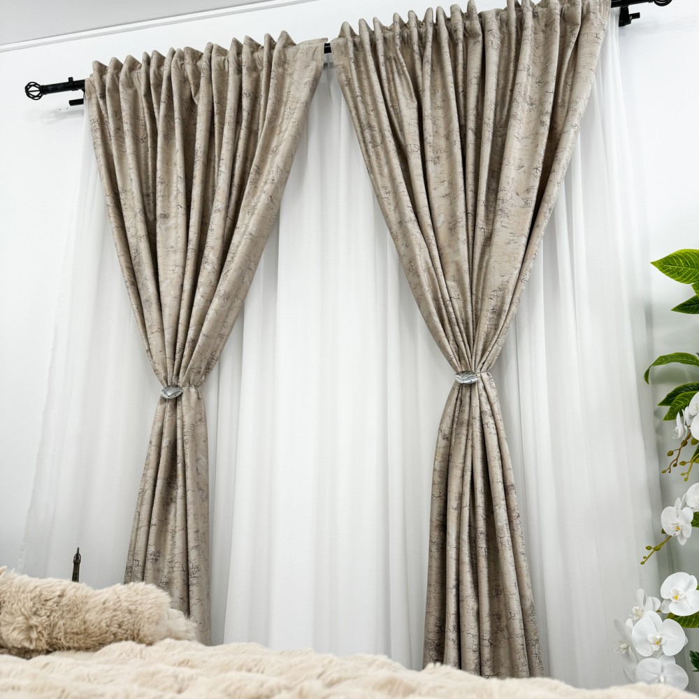 Set 2 Draperii Catifea cu insertii metalizate - 2m x 232m ,rejansa pt. bara , Bej deschis - V1 – imagine 2