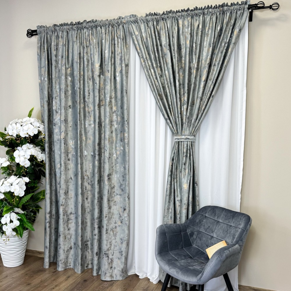 Set 2 DraperiI Catifea Asama cu insertii aurii, Gri deschis - V24, 2m latime x 2.5m inaltime, cu tiv lat – imagine 3