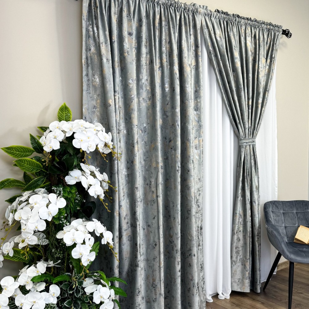 Set 2 DraperiI Catifea Asama cu insertii aurii, Gri deschis - V24, 2m latime x 2.5m inaltime, cu tiv lat – imagine 5