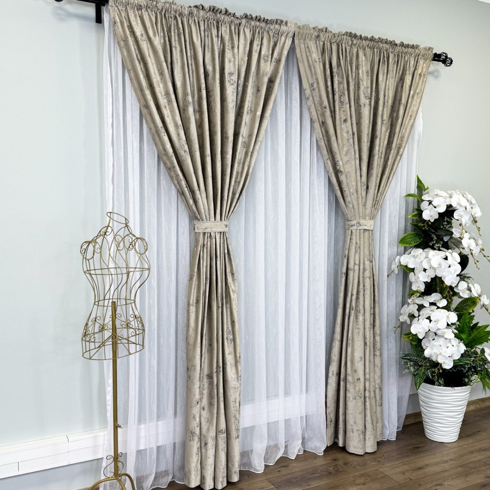 Set 2 Draperii Catifea Asama cu insertii aurii - 2m latime x 2.50m inaltime x Tiv lat, Crem - V1 – imagine 6