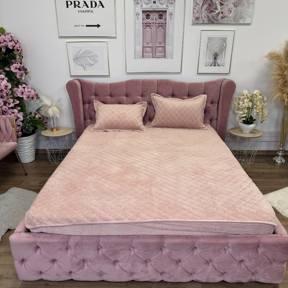 Husa Matlasata Tip Topper din Catifea 160x200cm, cu 2 Fete de Perna 50x70cm - Somn Odihnitor si Sustinere pentru Spate, Roz – imagine 2