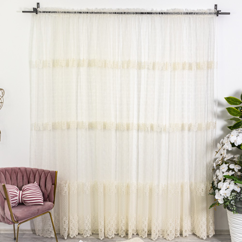 Perdea cu broderie tip banuti - 600cm x 232cm, Tiv lat pt. bara , Ivoire – imagine 5