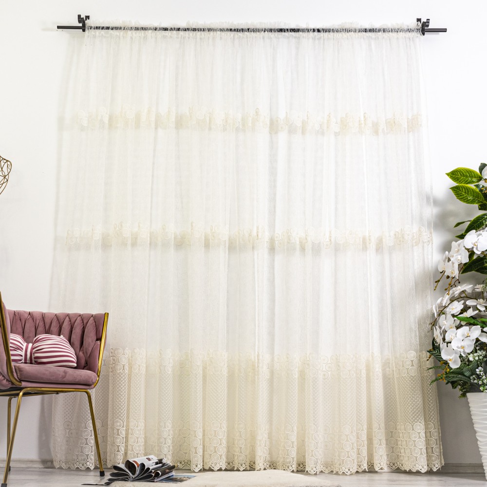 Perdea cu broderie tip banuti - 600cm x 232cm, Tiv lat pt. bara , Ivoire – imagine 6