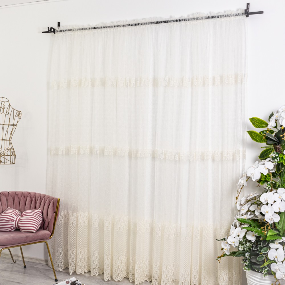 Perdea cu broderie tip banuti - 600cm x 232cm, Tiv lat pt. bara , Ivoire – imagine 7