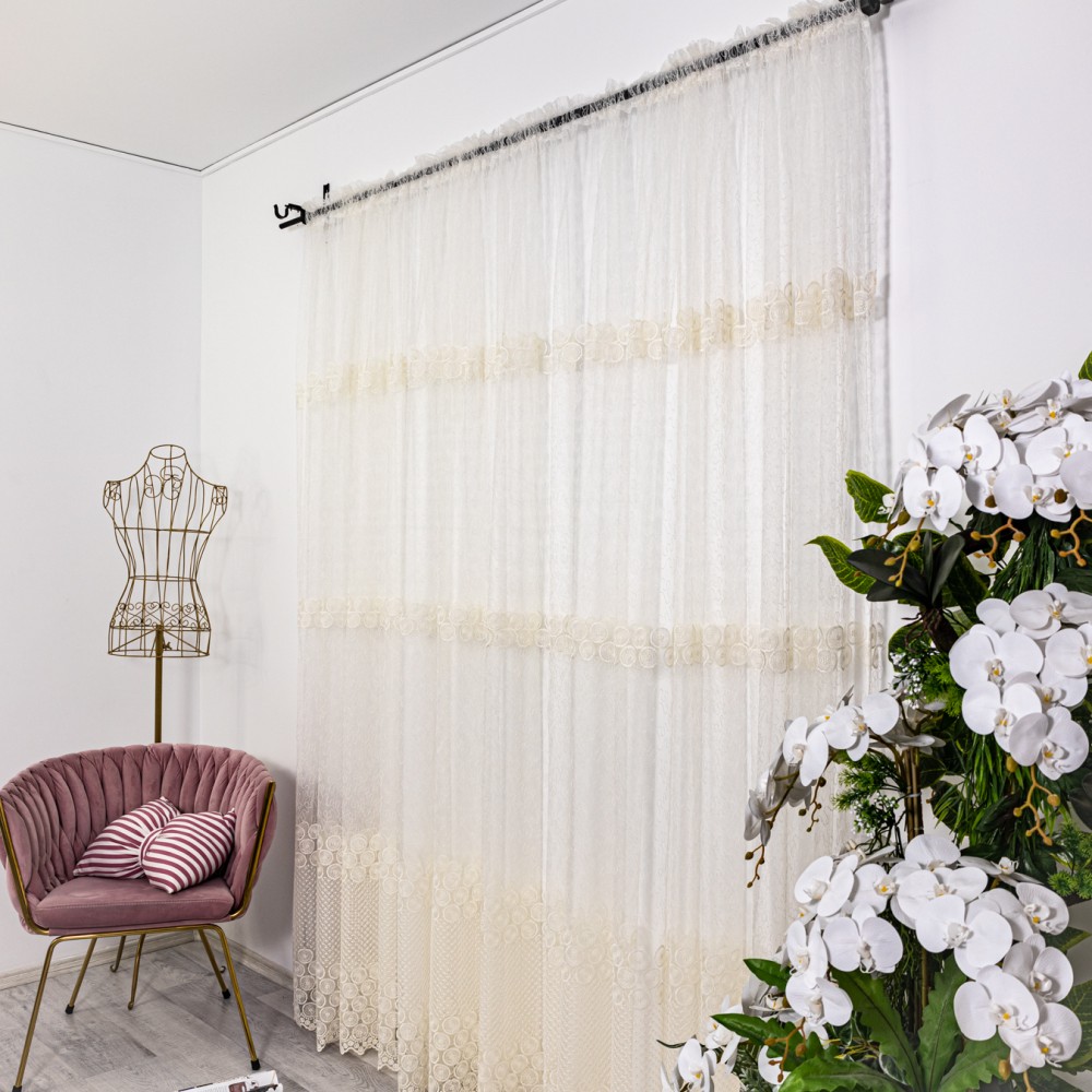 Perdea cu broderie tip banuti - 600cm x 232cm, Tiv lat pt. bara , Ivoire – imagine 8